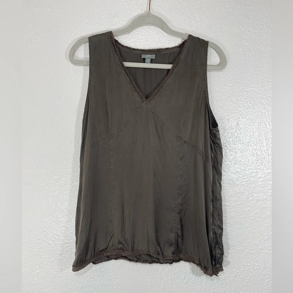 Vintage Y2K J. Jill Silk Lace-Trim V-Neck Top Brown Boho Artsy Coquette Whimsy